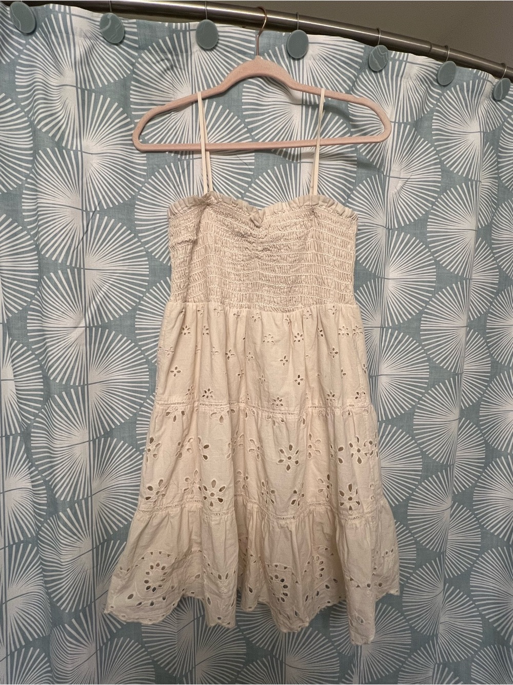 American Eagle Outfitters Cream Eyelet Smocked Mini Dress